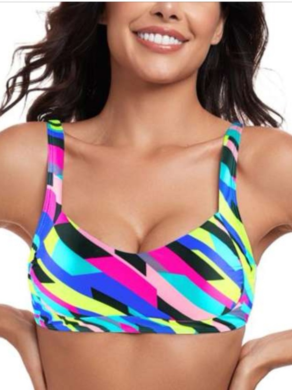 Vibrant Multicolor Stripe Bikini Top - Neon Blue, Pink & Green Size XL